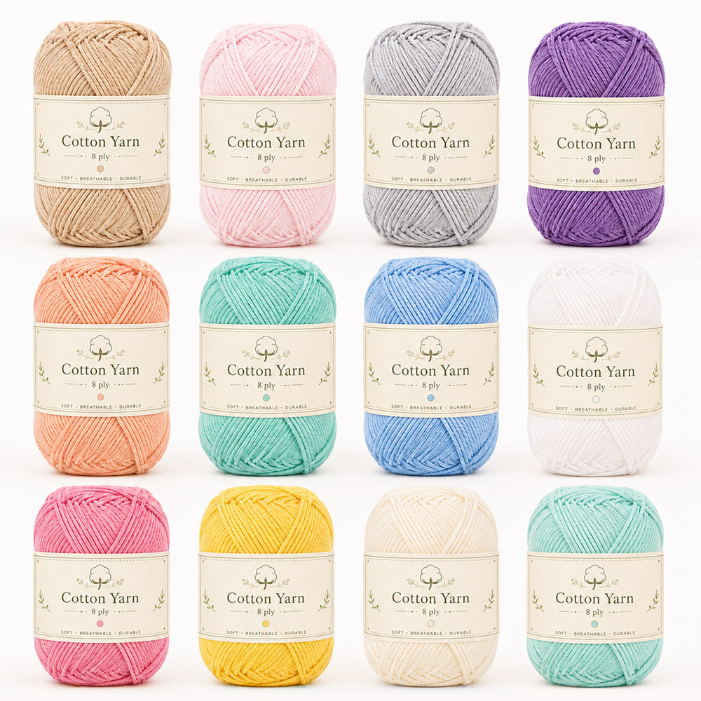 12 colours cotton yarn set with assorted 8 ply yarn skeins