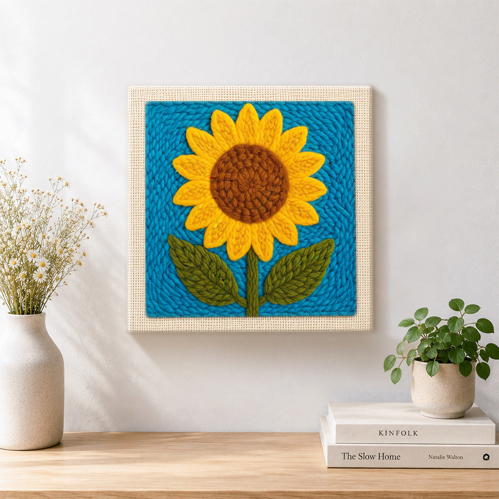 Finished a cheerful sunflower artwork displayed on a wall