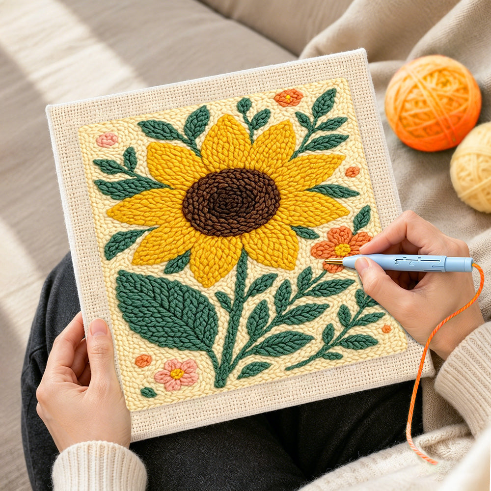 Creating handmade a large sunflower punch needle artwork