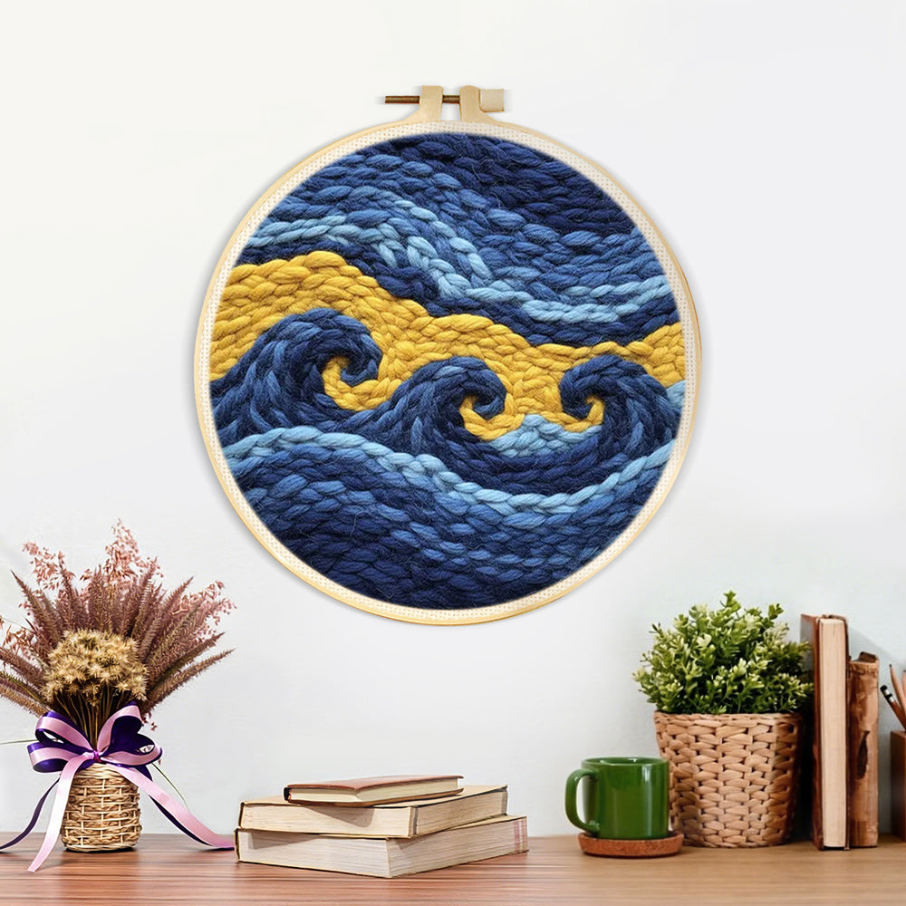 Finished abstract blue and gold waves artwork displayed on a wall