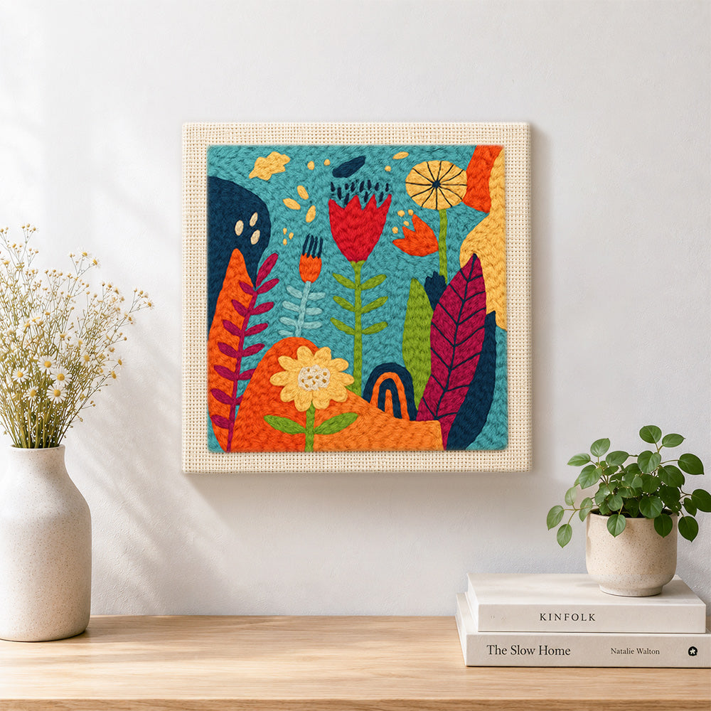 Finished abstract botanical garden artwork displayed on a wall