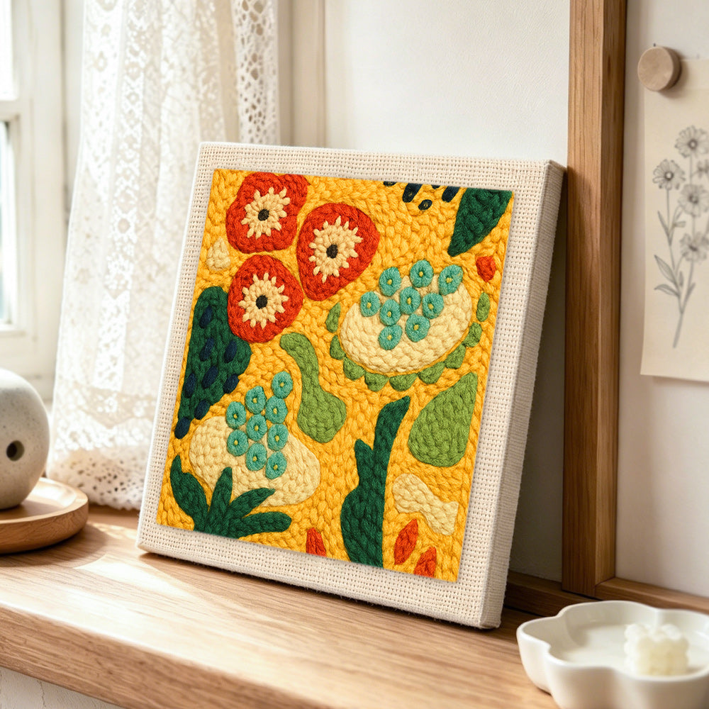 Abstract botanical pattern punch needle artwork displayed on a table