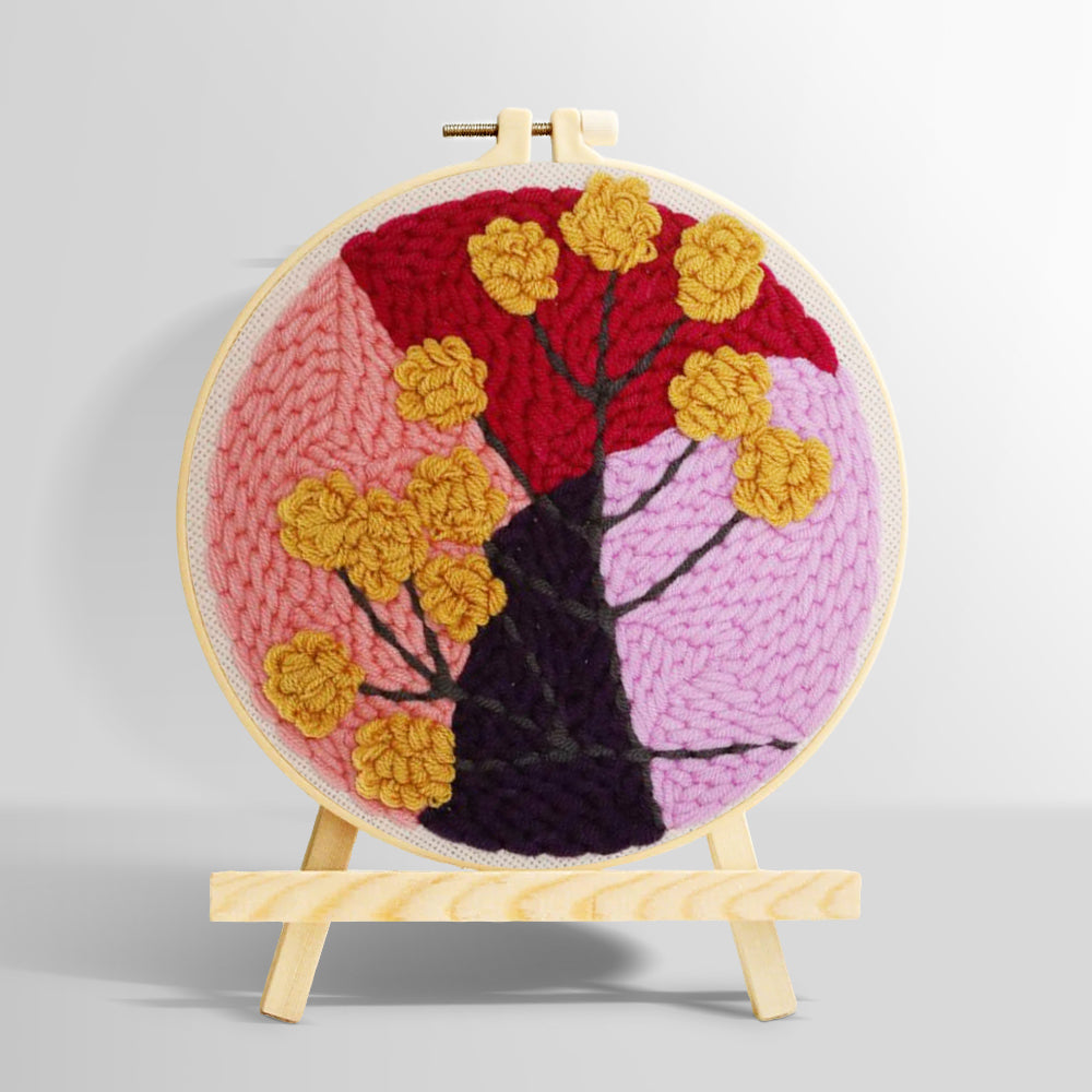 Abstract colour block tree with flowers punch needle kit for beginners