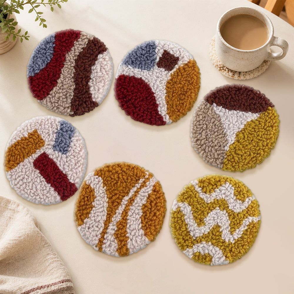 Abstract earth tone patterns punch needle coasters used for home decoration