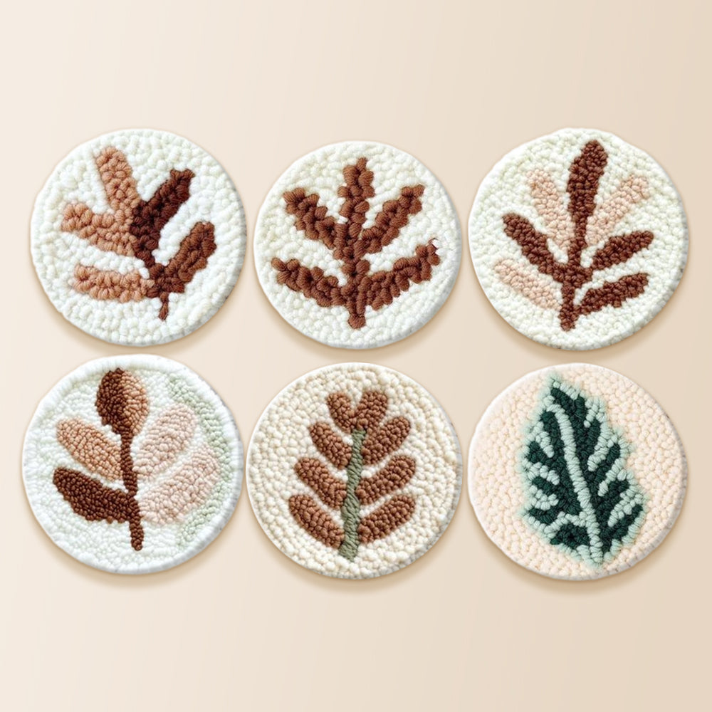 Abstract fern and leaf punch needle coaster kit finished handmade coasters