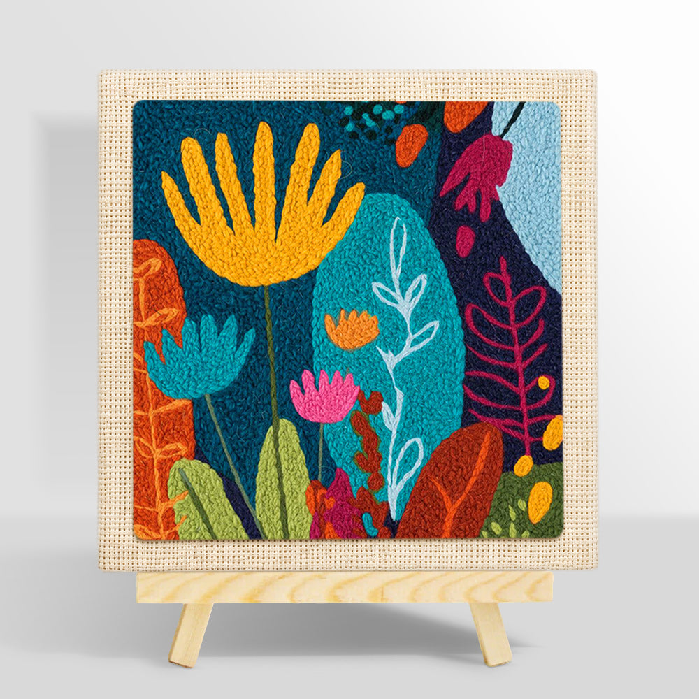 Abstract floral with vibrant leaves punch needle kit for beginners