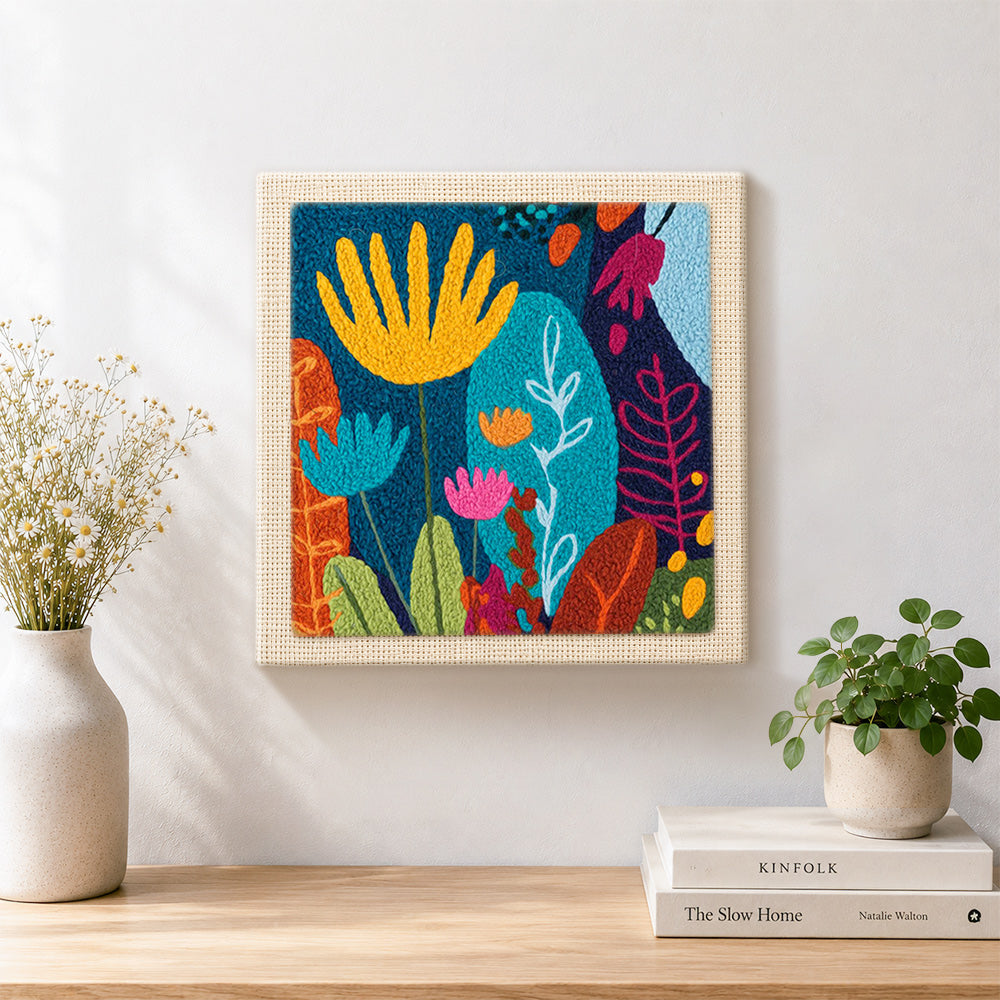 Finished abstract floral with vibrant leaves artwork displayed on a wall