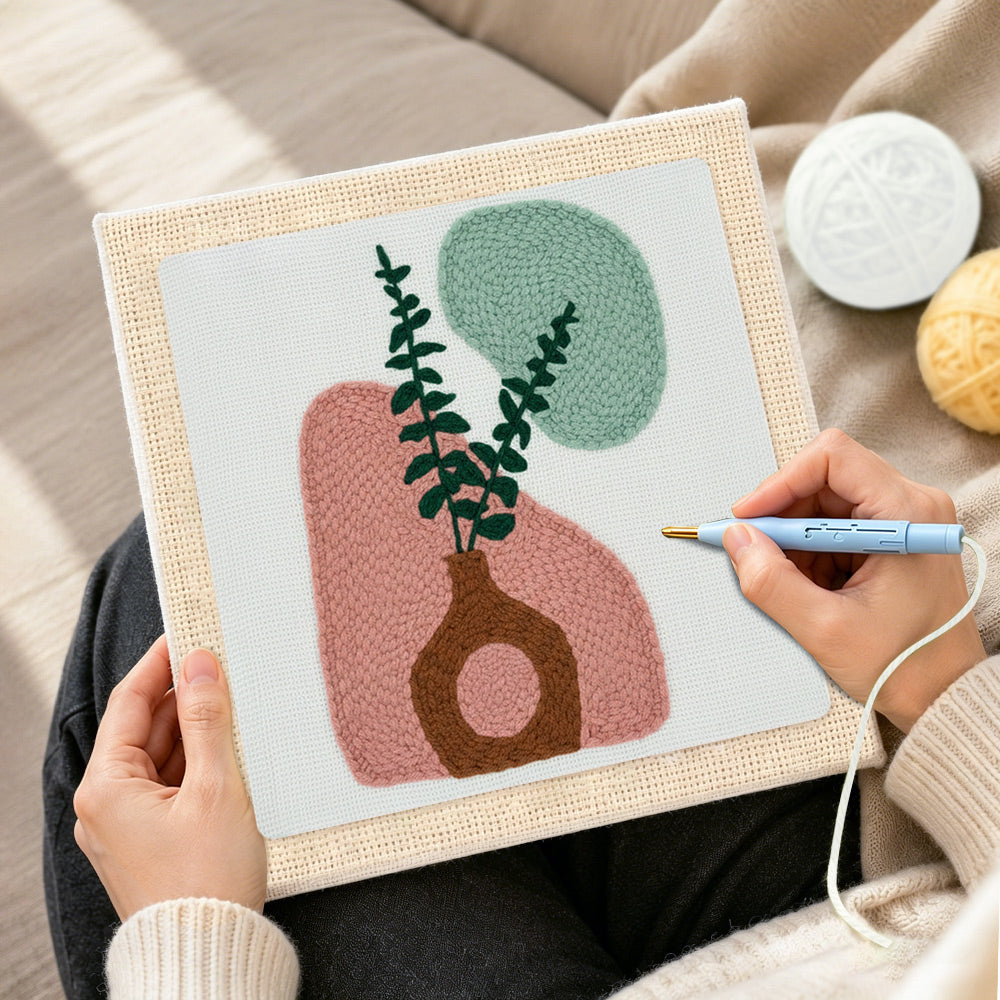 Creating handmade abstract geometric vase punch needle artwork