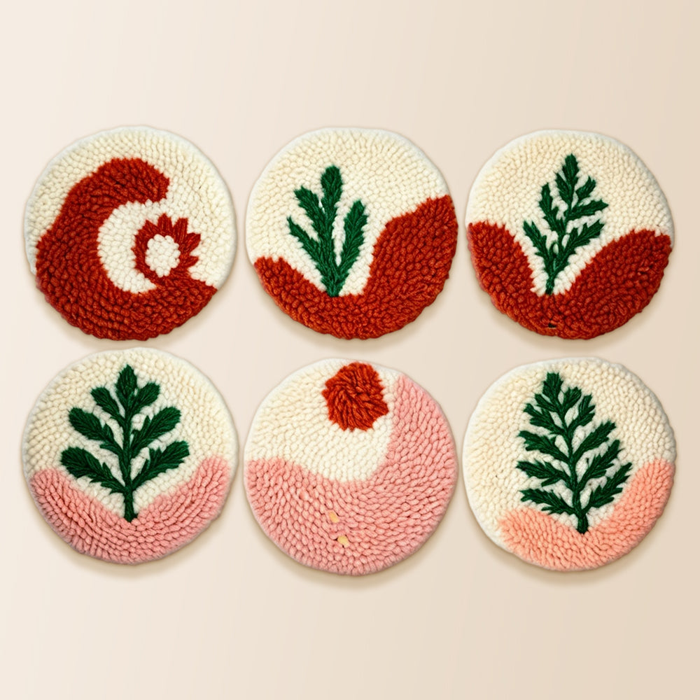 Abstract landscape and botanical lines punch needle coaster kit finished handmade coasters