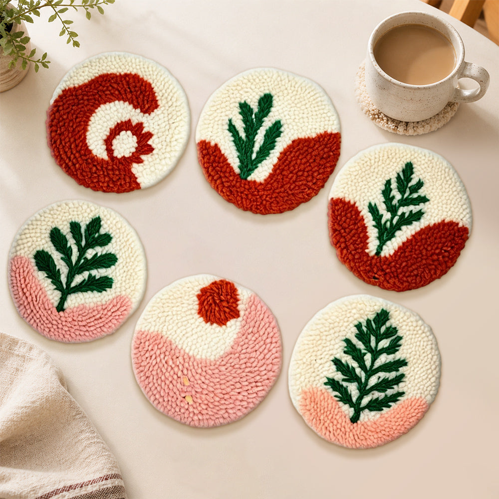 Abstract landscape and botanical lines punch needle coasters used for home decoration