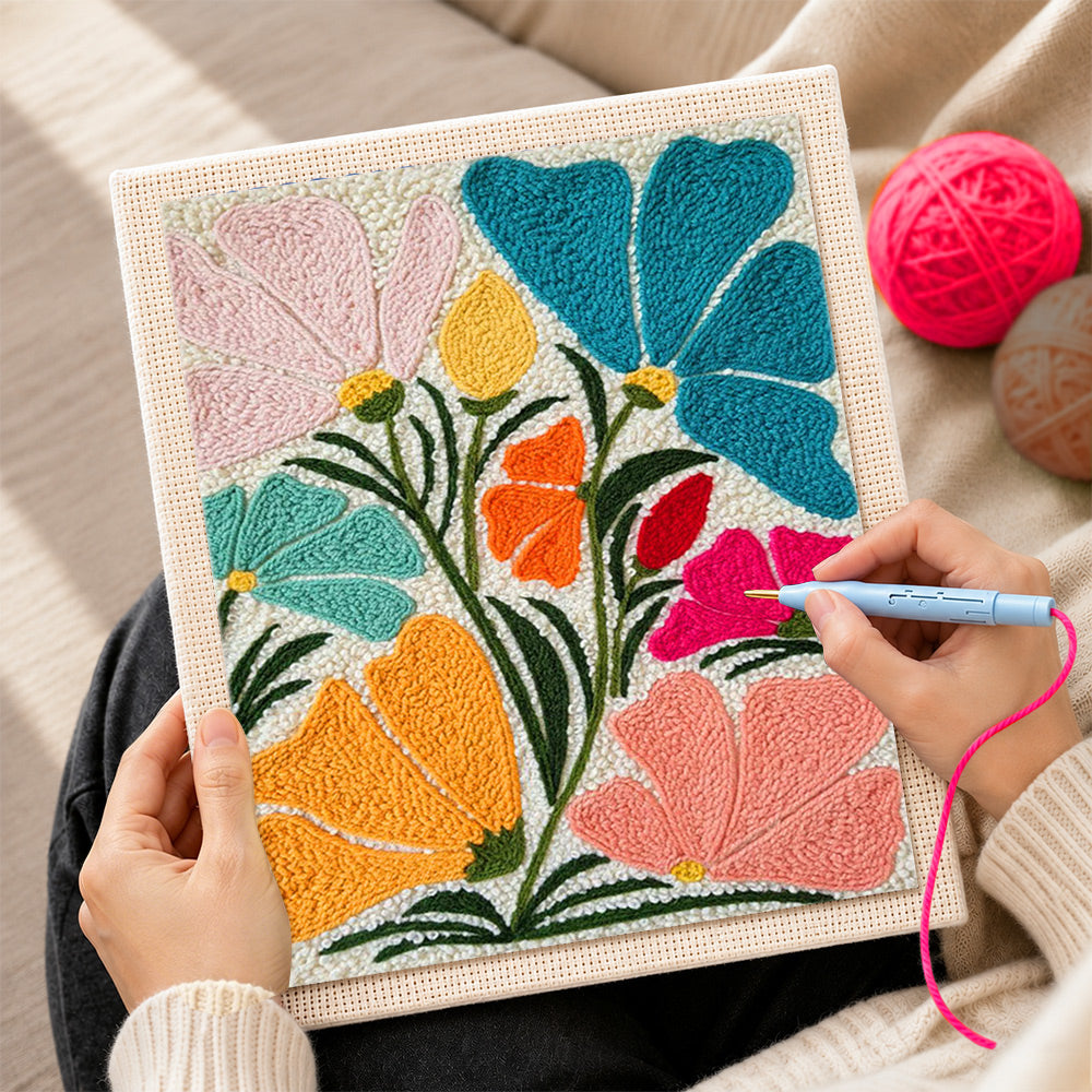Creating handmade abstract multicolour fan flowers punch needle artwork