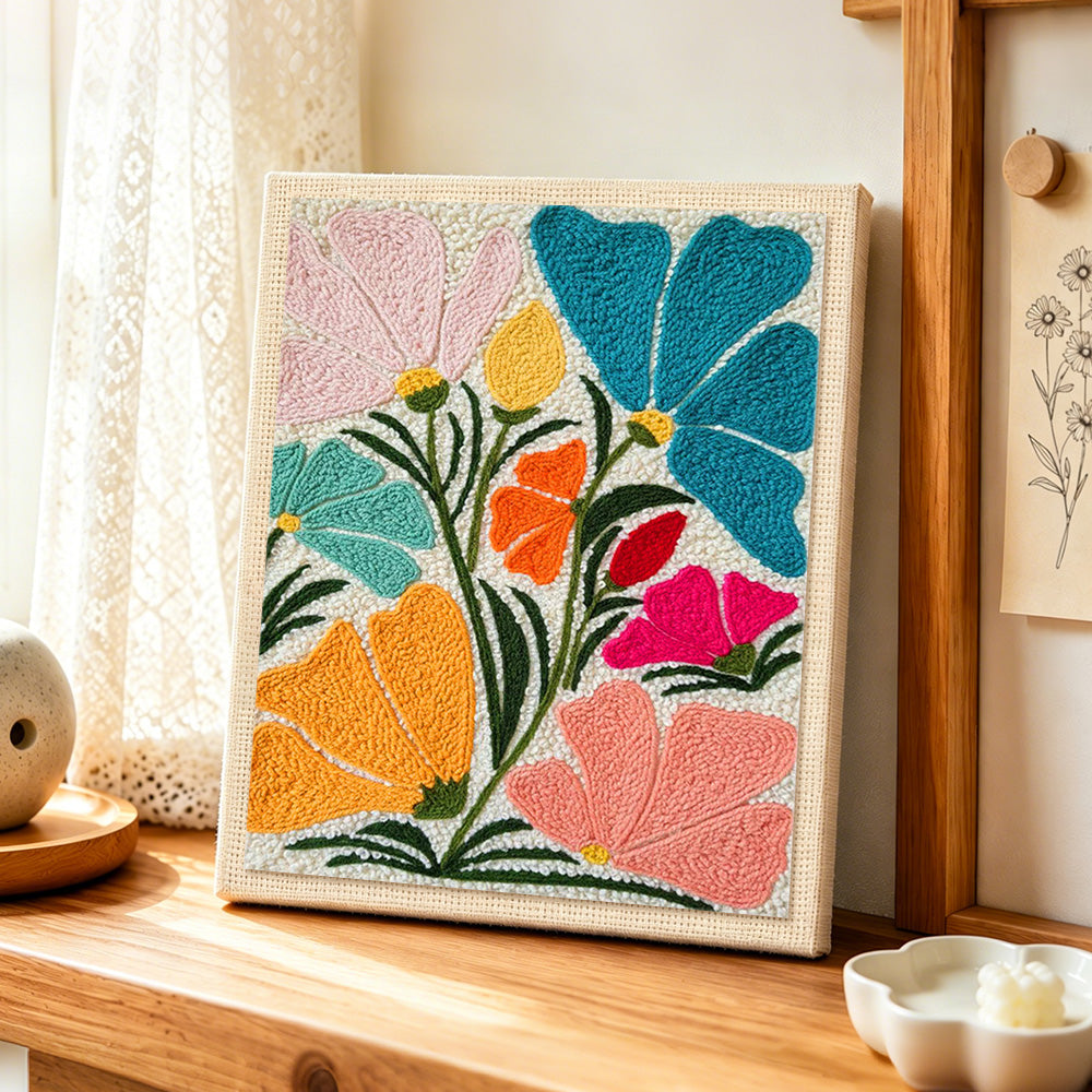 Abstract multicolour fan flowers punch needle artwork displayed on a table
