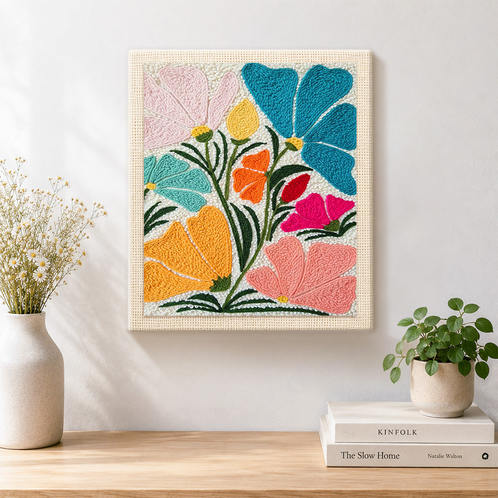 Finished abstract multicolour fan flowers artwork displayed on a wall