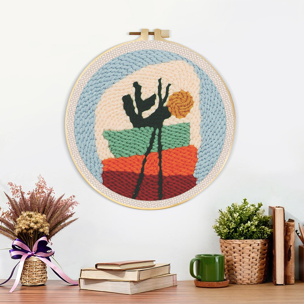 Finished abstract potted plant artwork displayed on a wall