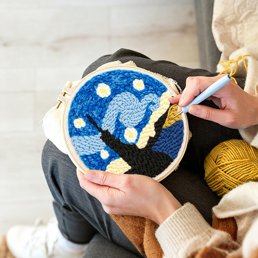 Creating handmade abstract starry night punch needle artwork