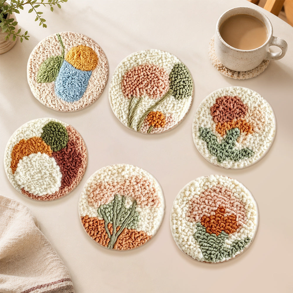 Abstract textured flowers punch needle coasters used for home decoration