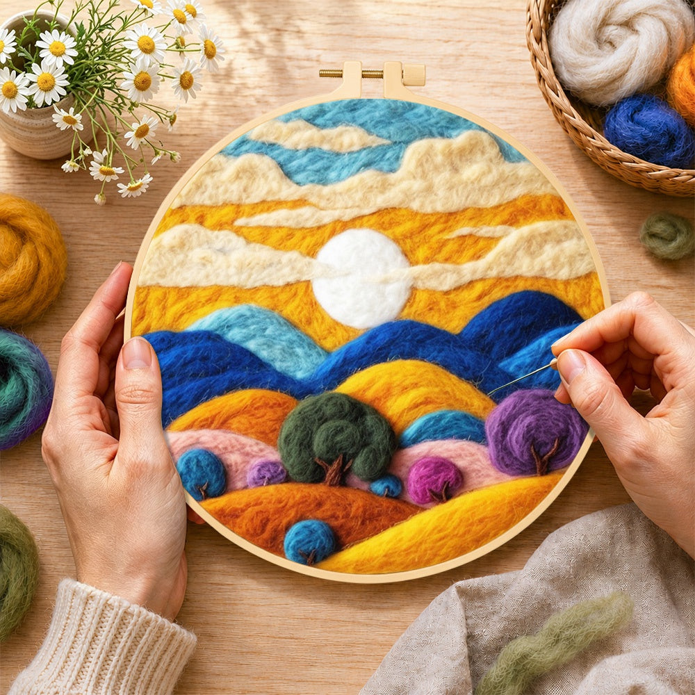 Creating the abstract wavy clouds and colourful hills wool painting by hand with a felting needle