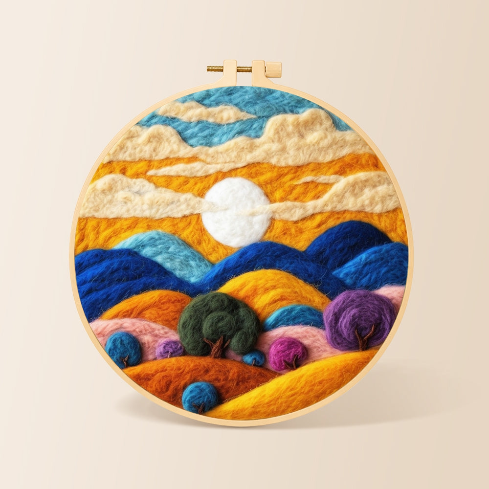 Abstract wavy clouds and colourful hills needle felting kit for beginners with a round wooden frame