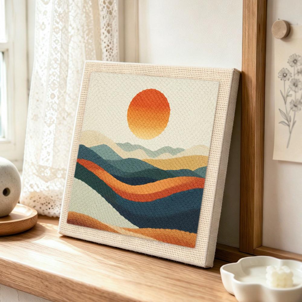 Abstract wavy mountain at sunset punch needle artwork displayed on a table