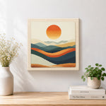 Finished abstract wavy mountain at sunset artwork displayed on a wall