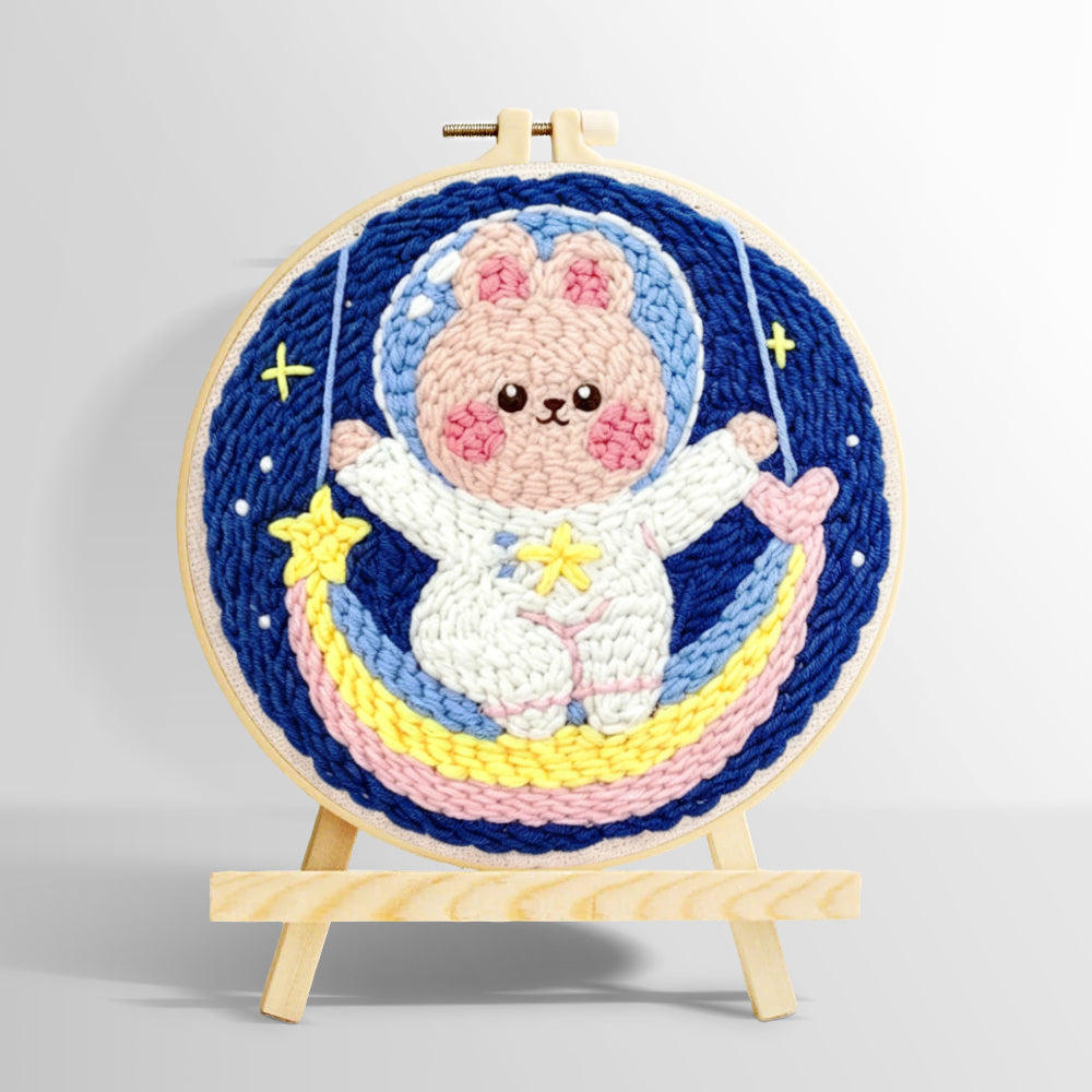 Adorable astronaut bunny on rainbow moon punch needle kit for beginners