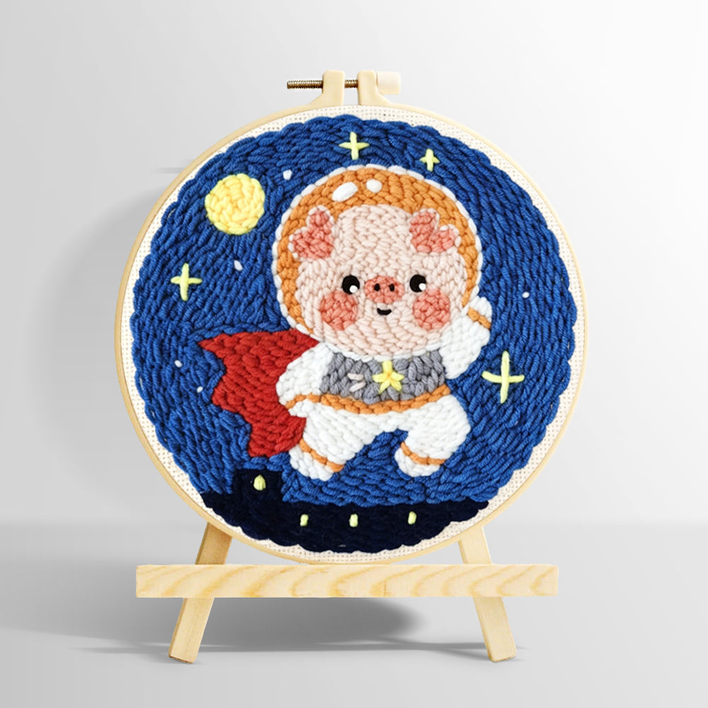 Adorable astronaut piggy punch needle kit for beginners