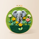 Adorable baby elephant with flowers needle felting kit for beginners with a round wooden frame