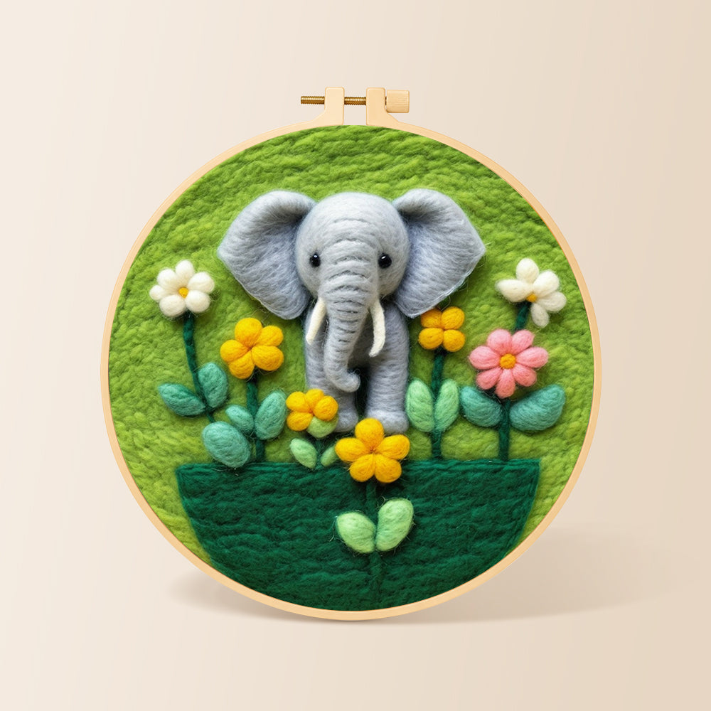 Adorable baby elephant with flowers needle felting kit for beginners with a round wooden frame