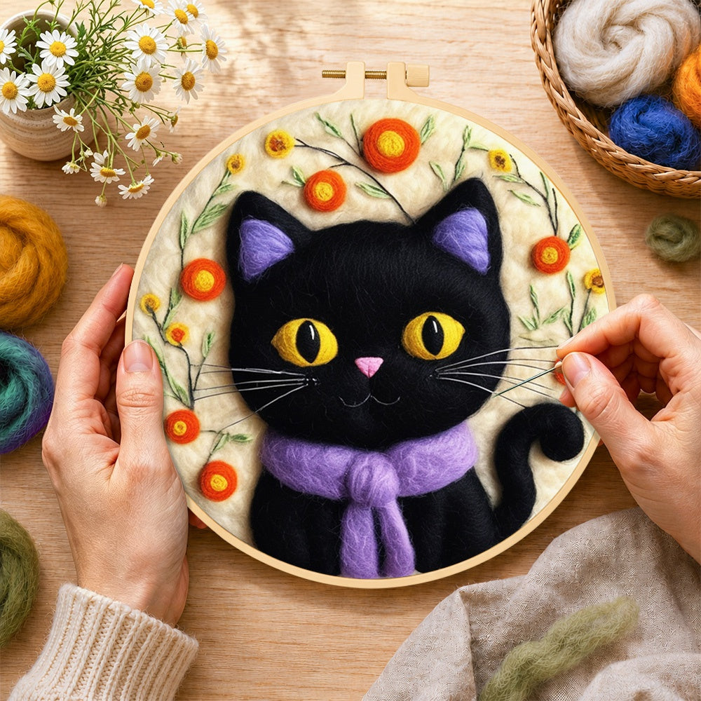 Creating the adorable black cat with scarf wool painting by hand with a felting needle