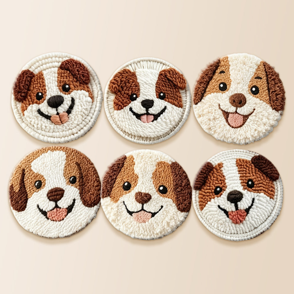 Adorable brown and white dogs punch needle coaster kit finished handmade coasters