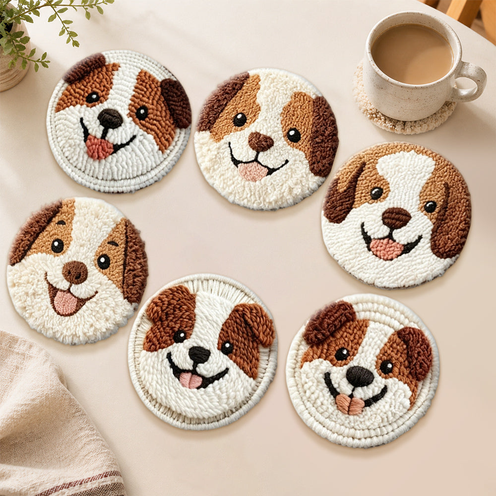 Adorable brown and white dogs punch needle coasters used for home decoration