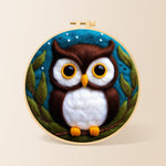 Adorable brown and white owl needle felting kit for beginners with a round wooden frame