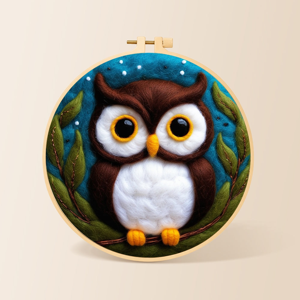 Adorable brown and white owl needle felting kit for beginners with a round wooden frame