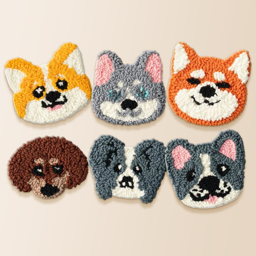Adorable dog faces punch needle coaster kit finished handmade coasters