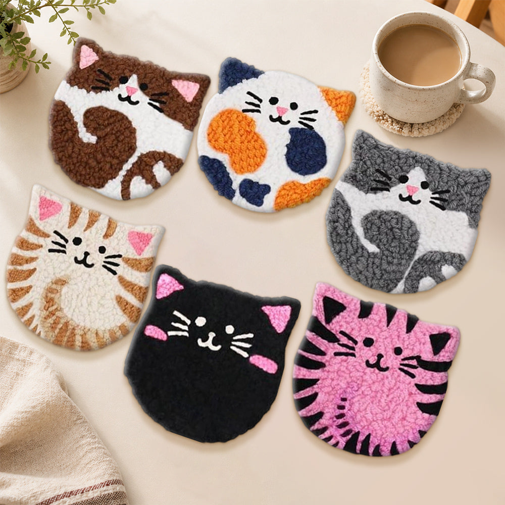 Adorable fluffy cats punch needle coasters used for home decoration