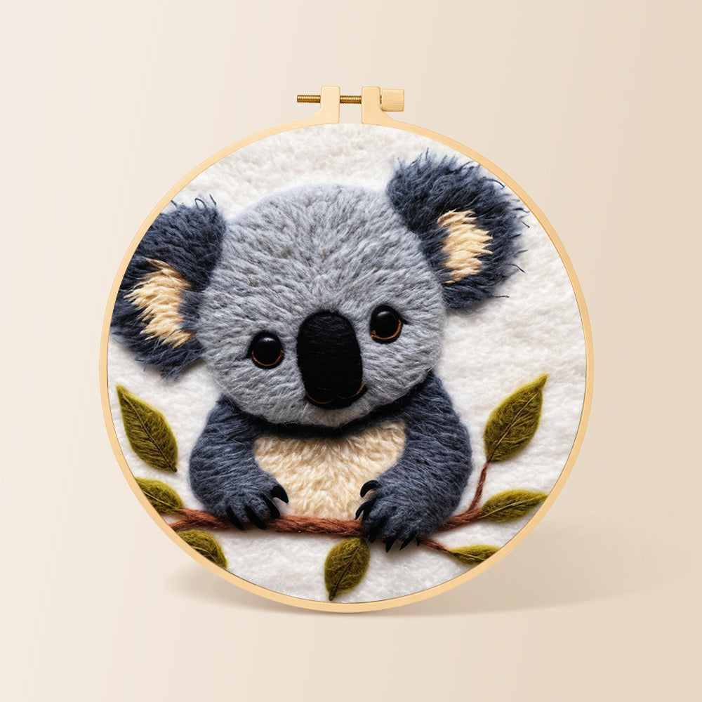 Adorable fluffy koala needle felting kit for beginners with a round wooden frame