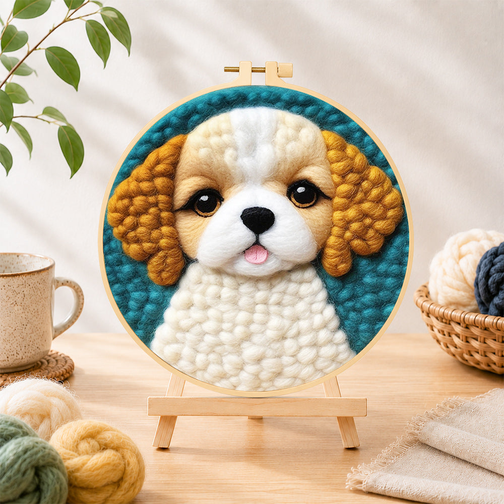Finished adorable fluffy puppy needle felting displayed on a wooden easel