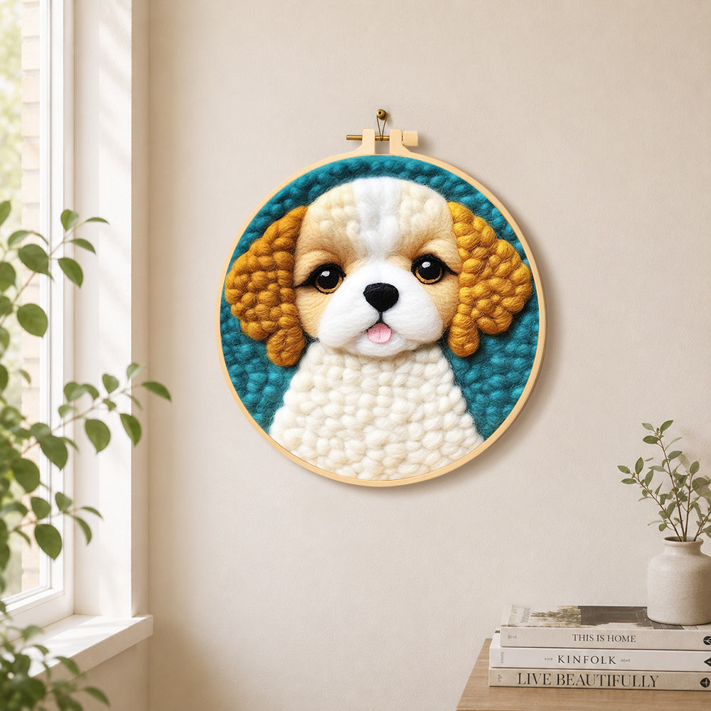 Adorable fluffy puppy needle felt wall art displayed in a bright home interior