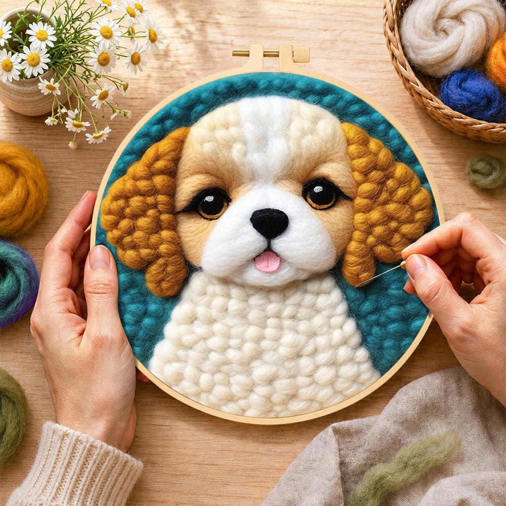 Creating the adorable fluffy puppy wool painting by hand with a felting needle