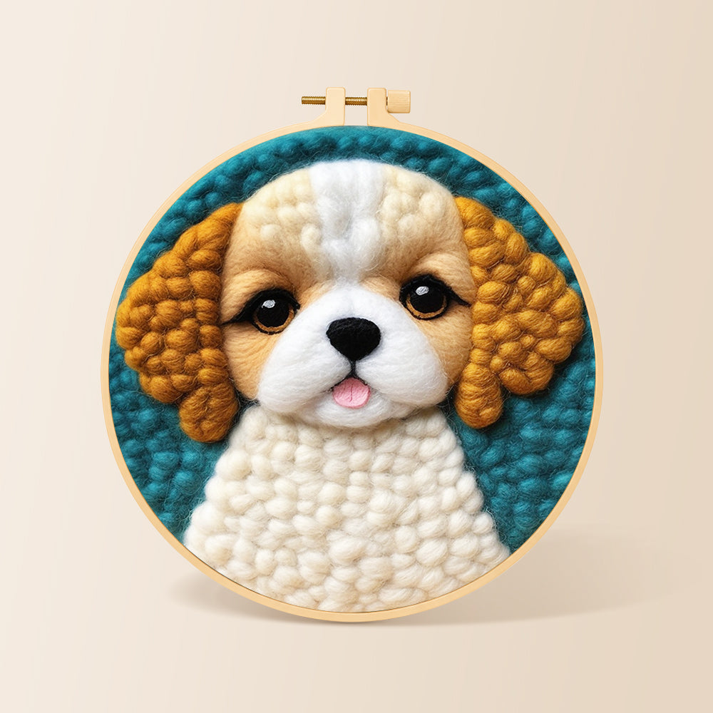 Adorable fluffy puppy needle felting kit for beginners with a round wooden frame