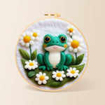 Adorable frog with white daisies needle felting kit for beginners with a round wooden frame