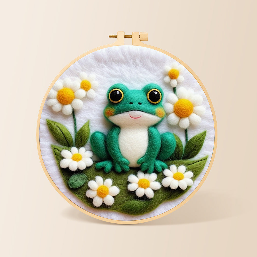 Adorable frog with white daisies needle felting kit for beginners with a round wooden frame