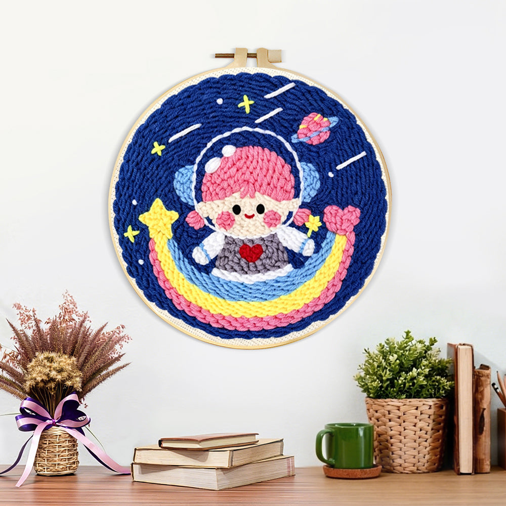 Finished adorable girl astronaut on rainbow artwork displayed on a wall