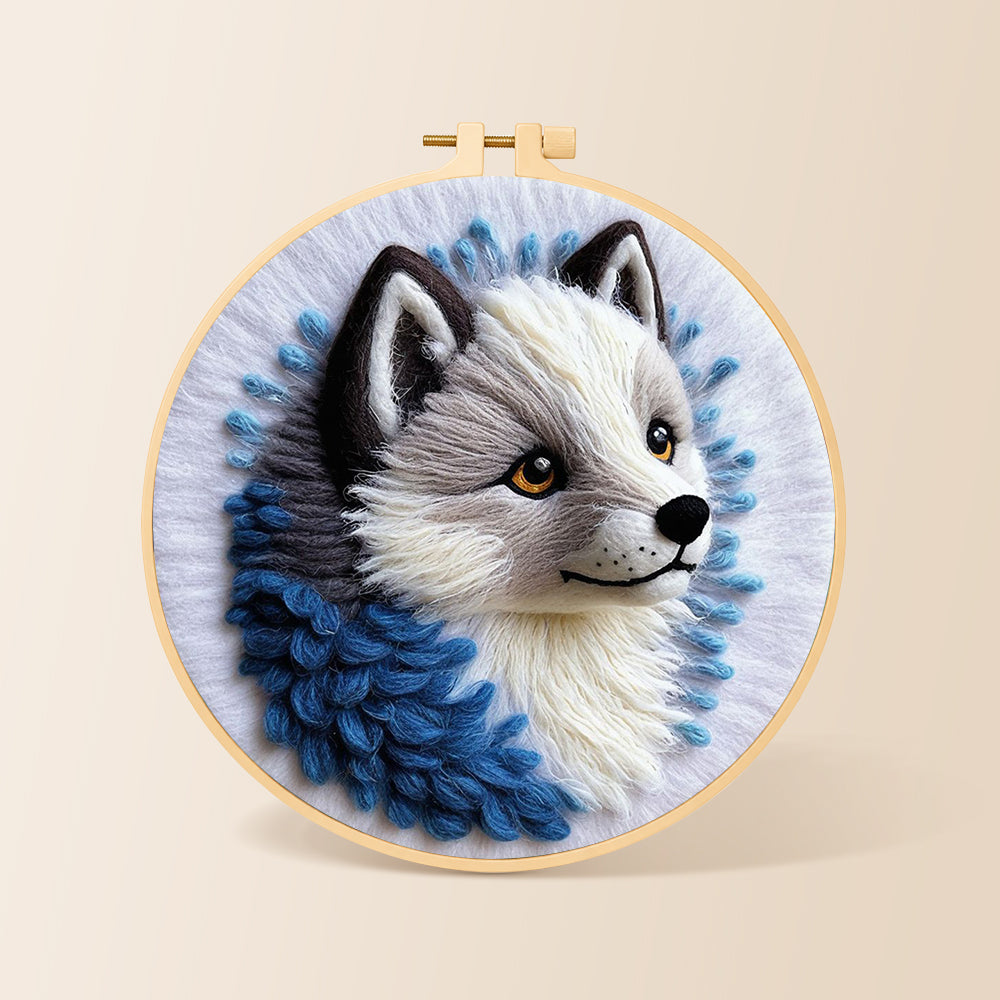 Adorable grey wolf needle felting kit for beginners with a round wooden frame
