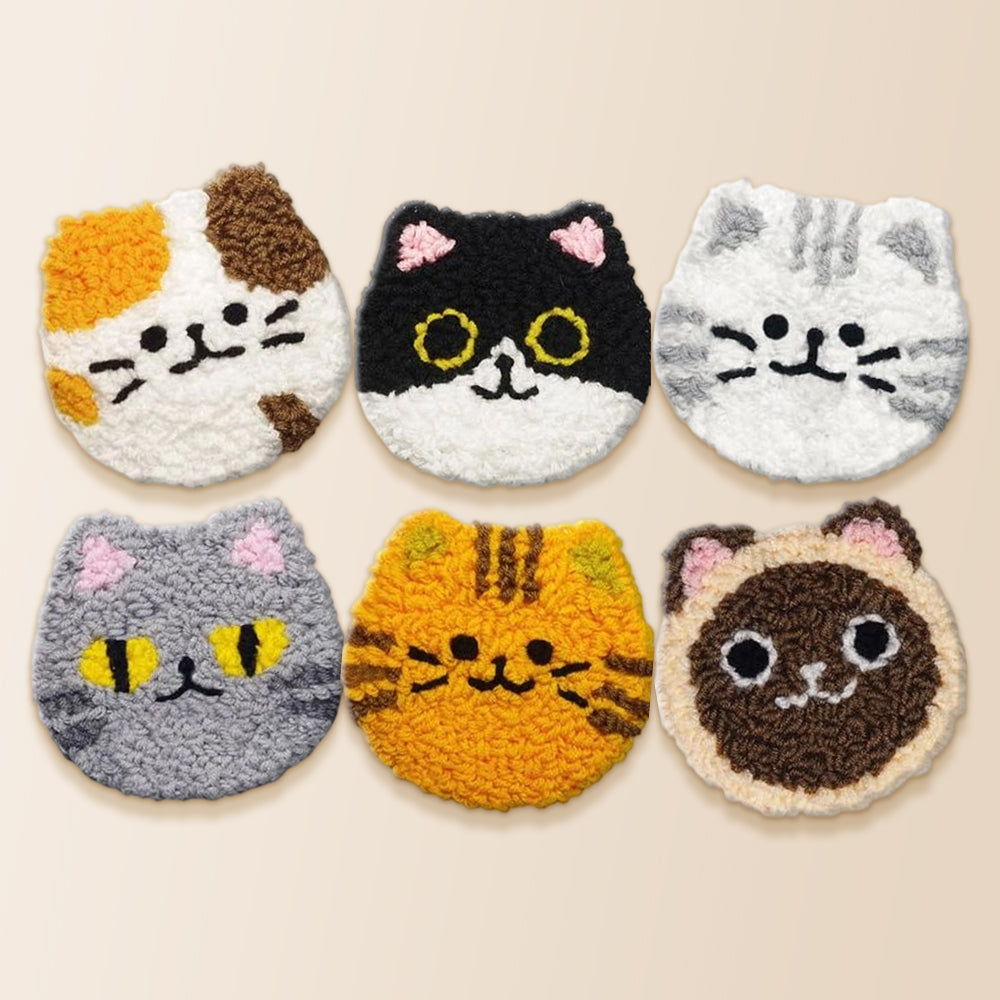 Adorable kawaii cats punch needle coaster kit finished handmade coasters