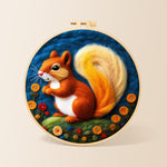 Adorable orange squirrel with golden tail needle felting kit for beginners with a round wooden frame