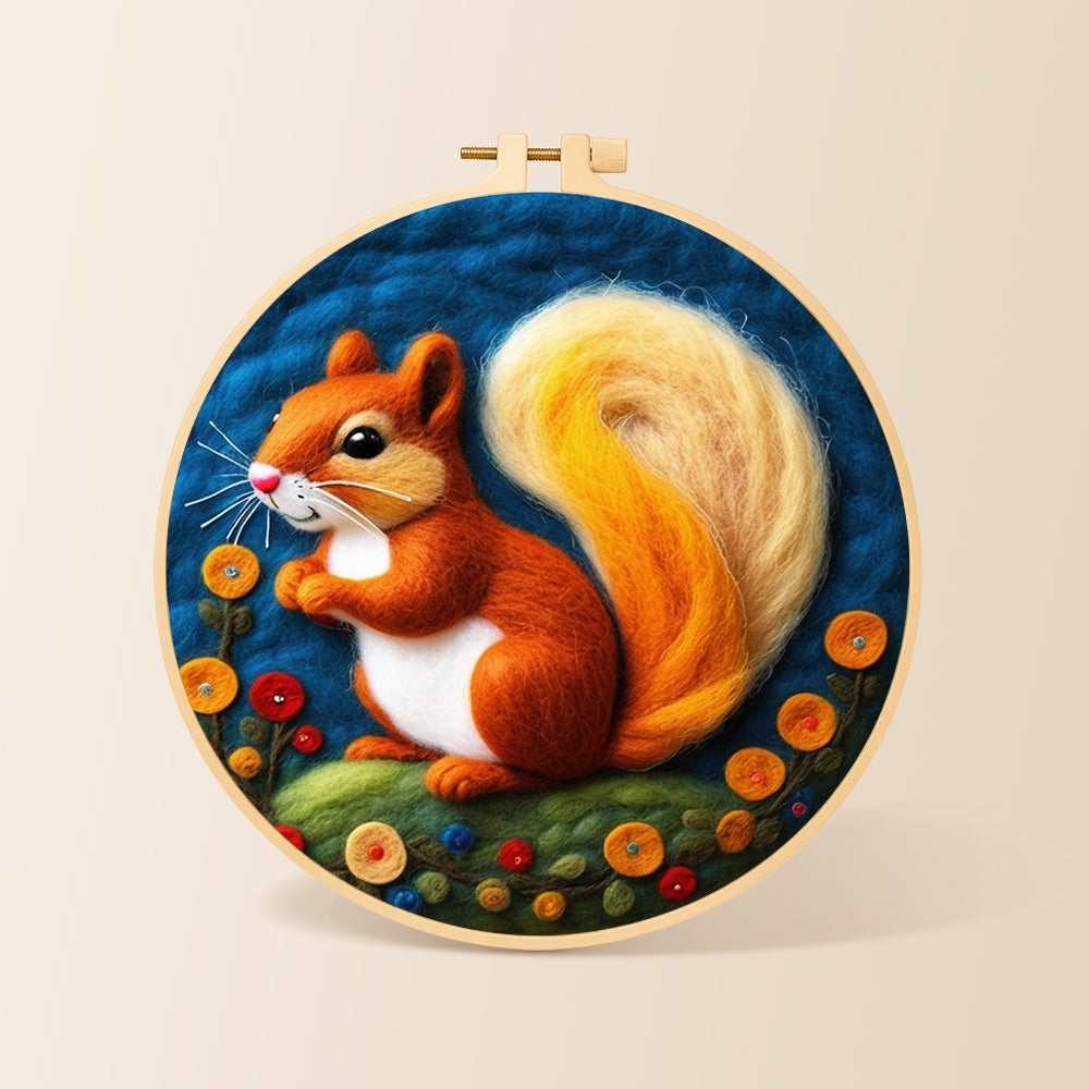 Adorable orange squirrel with golden tail needle felting kit for beginners with a round wooden frame