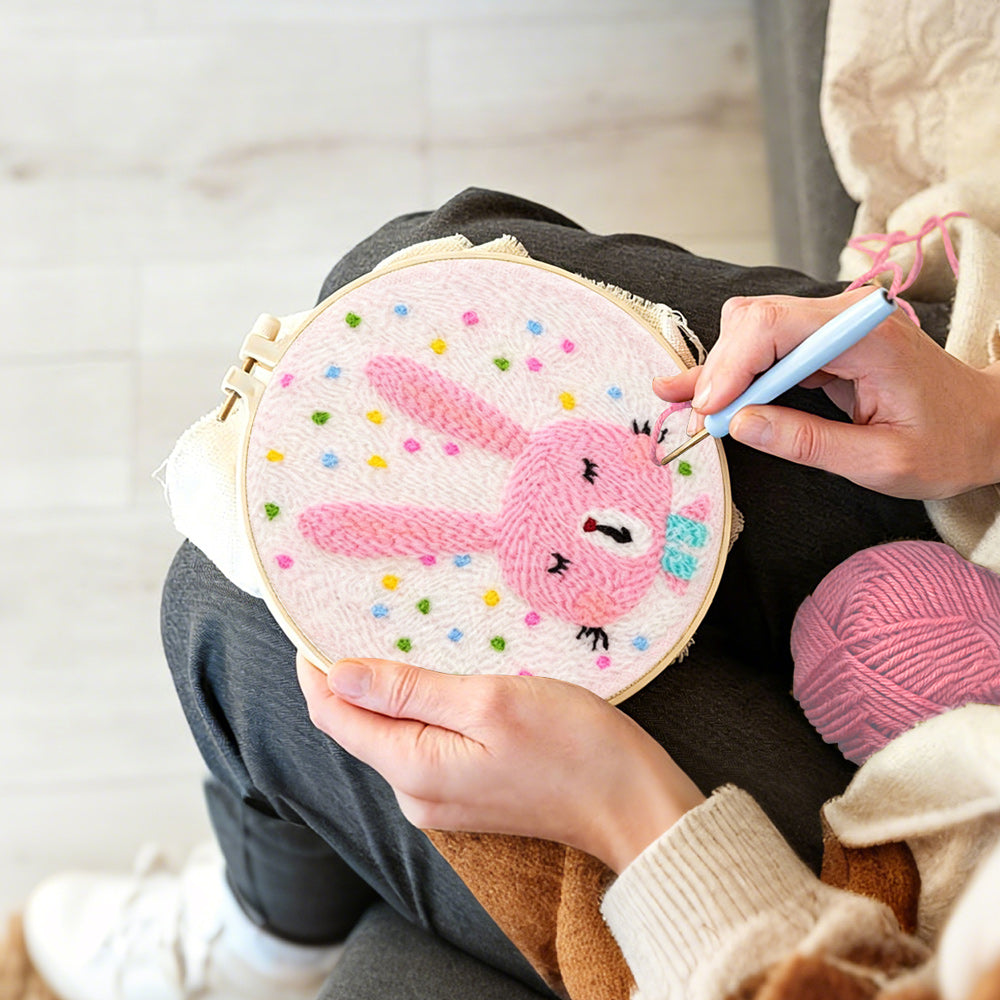 Creating handmade adorable pink bunny punch needle artwork