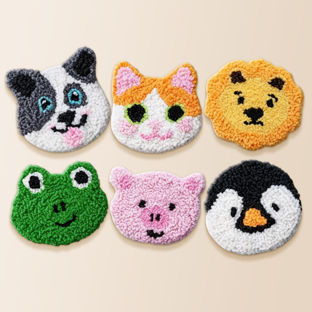 Adorable puppy, piglet and penguin punch needle coaster kit finished handmade coasters