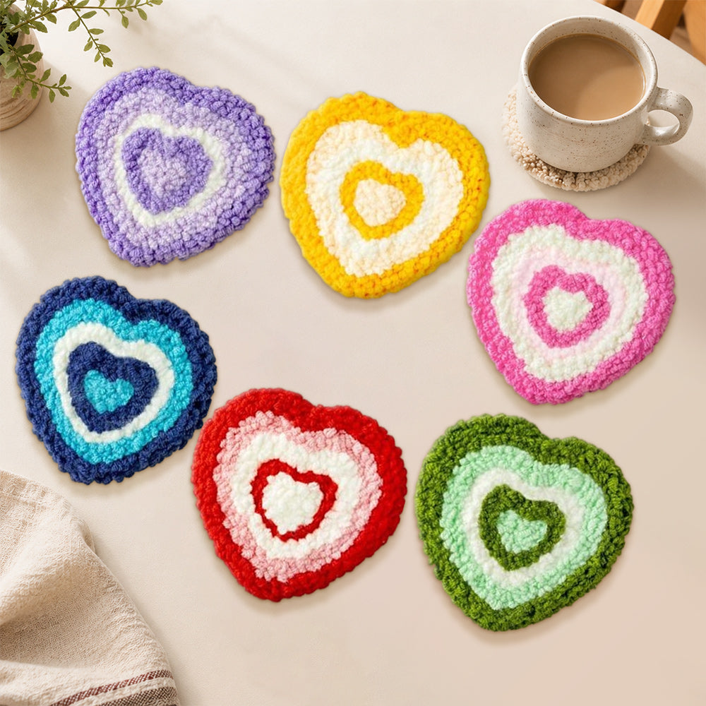 Adorable rainbow heart punch needle coasters used for home decoration